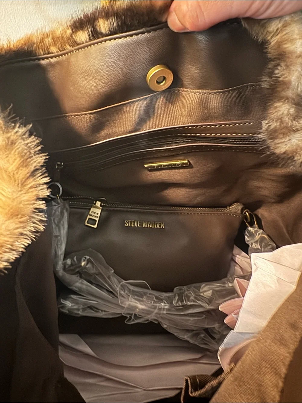 Steve Madden Faux Fur Dark Deer Print Hobo Bag + Matching Pouch
